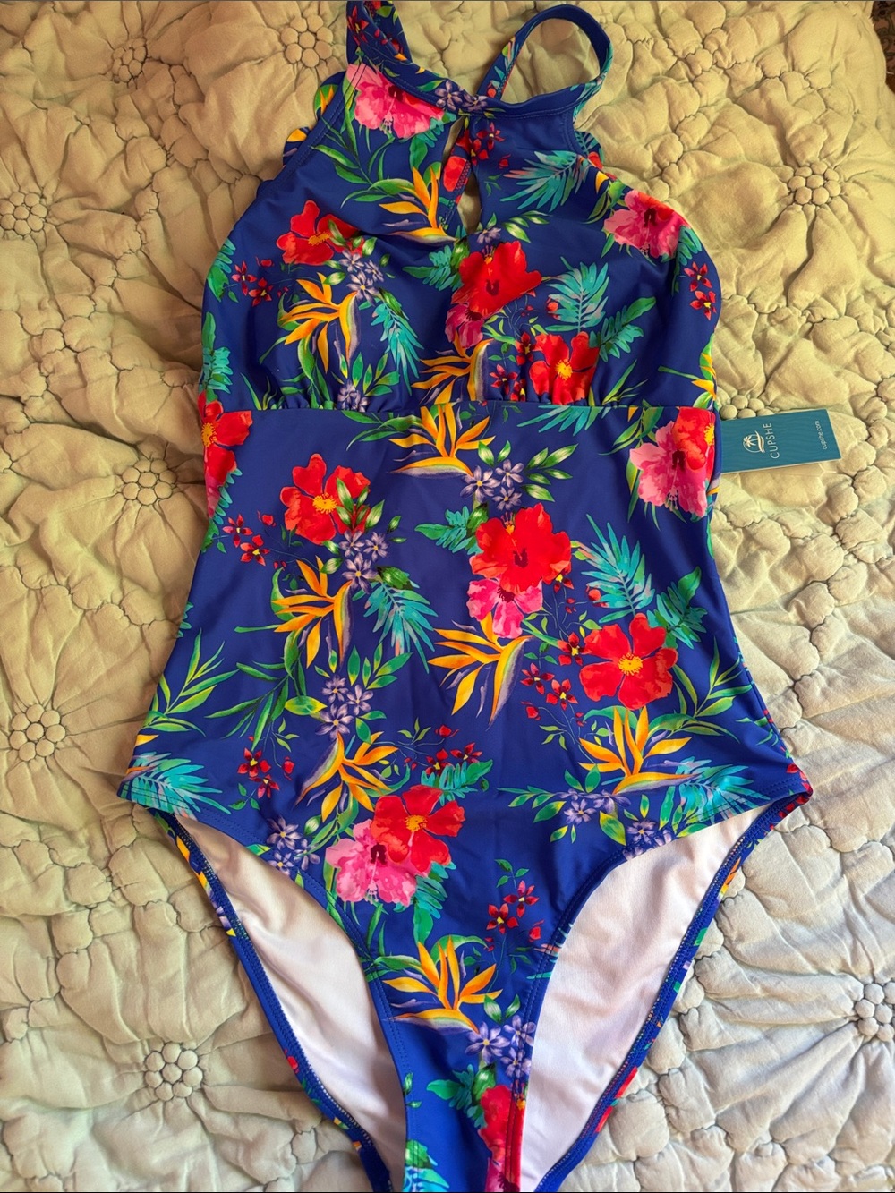 Cupshe Women’s Blue Floral tummy control one piece swimsuit size M medium